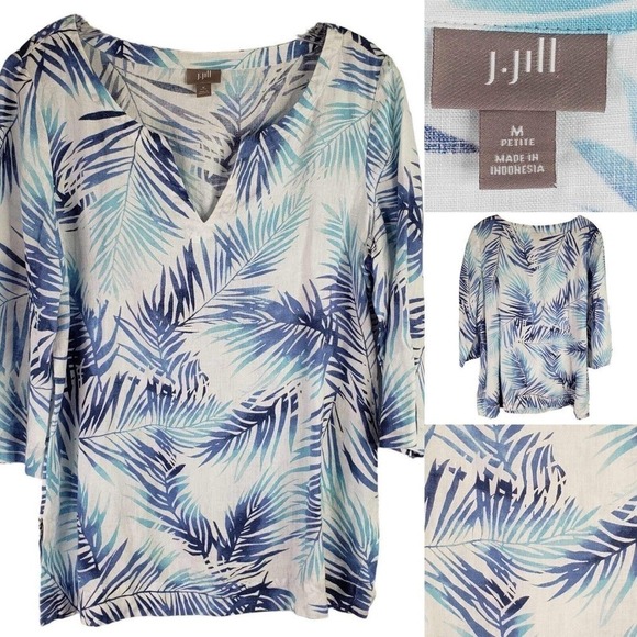 J. Jill Tunic Linen Long Sleeve Women’s Size MP Floral Embroidered Blue Resort - Picture 1 of 10